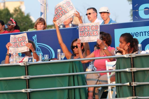 First Lady Michelle Obama, along with daughters Sasha and Malia, helped cheer Venus Williams and the Washington Kastles on to victory, over the Boston Lobsters on Monday night (Photo: Washington Kastles).